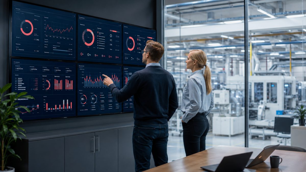 Control room with real-time production metrics on large screens