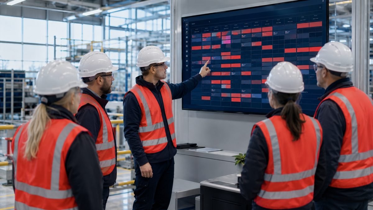 Production team reviewing the shift plan on a factory screen